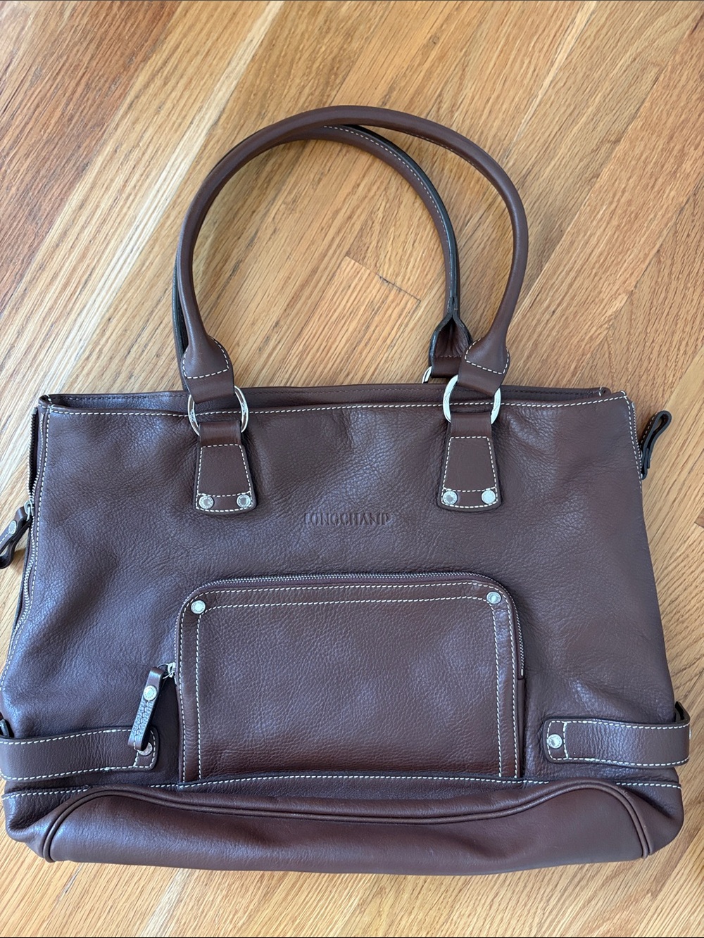 EUC Longchamp Brown Leather Briefcase Tote with Front Pocket